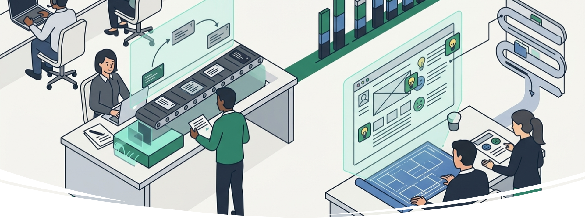 Illustration of a team turning ticket themes into improvement plans and product changes