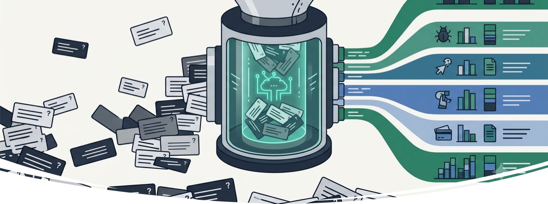 Illustration of tickets flowing through an analysis funnel and emerging as grouped themes and charts