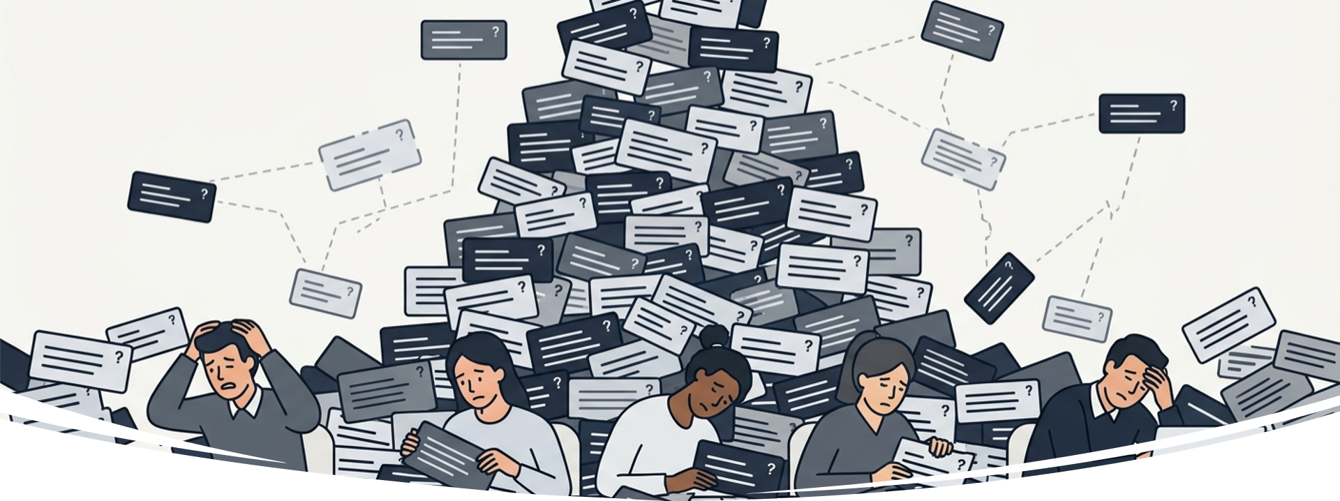 Illustration of a support team overwhelmed by a large pile of unresolved tickets